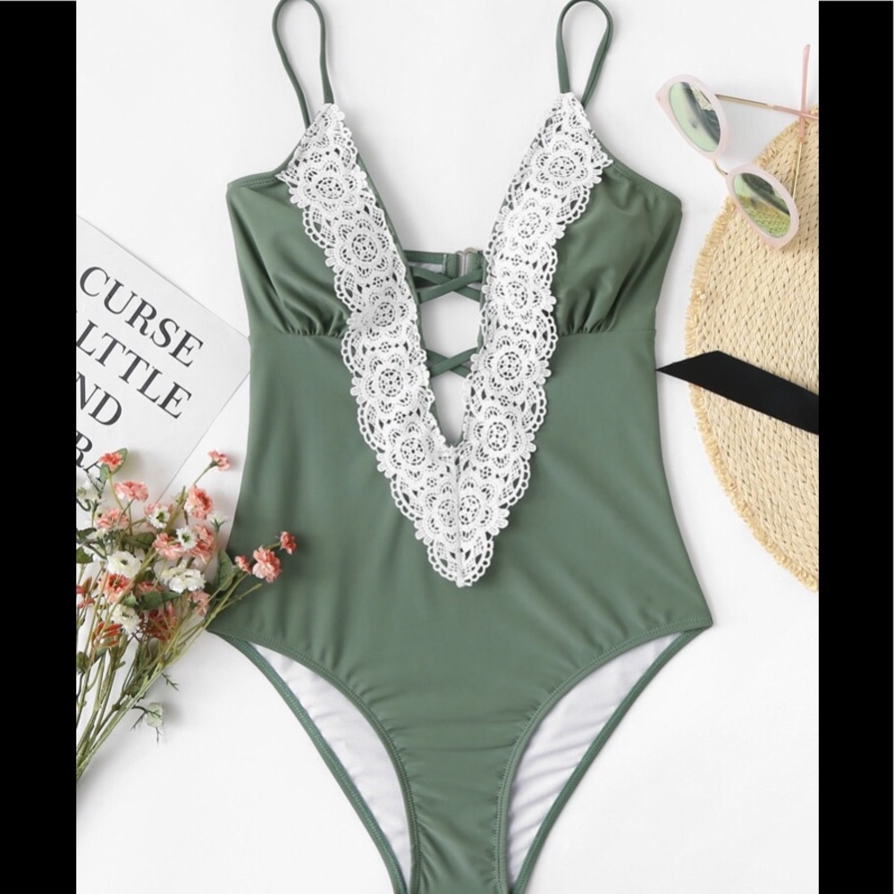 Beautiful green lace trim bathing suit